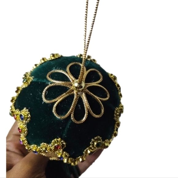 Handmade Christmas ornament Hand Crafted Green Gold beaded tassel fabric unique - Picture 3 of 5